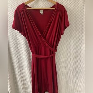 Merona Red Wrap Dress with small Ruffles and belt XL Short Sleeves pre-owned